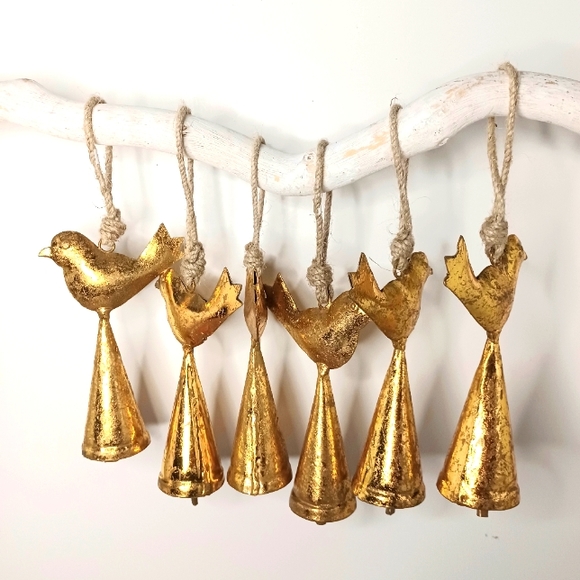 Handmade Metal gold foiled birds with bell ornaments set 6 NEW - Picture 1 of 6
